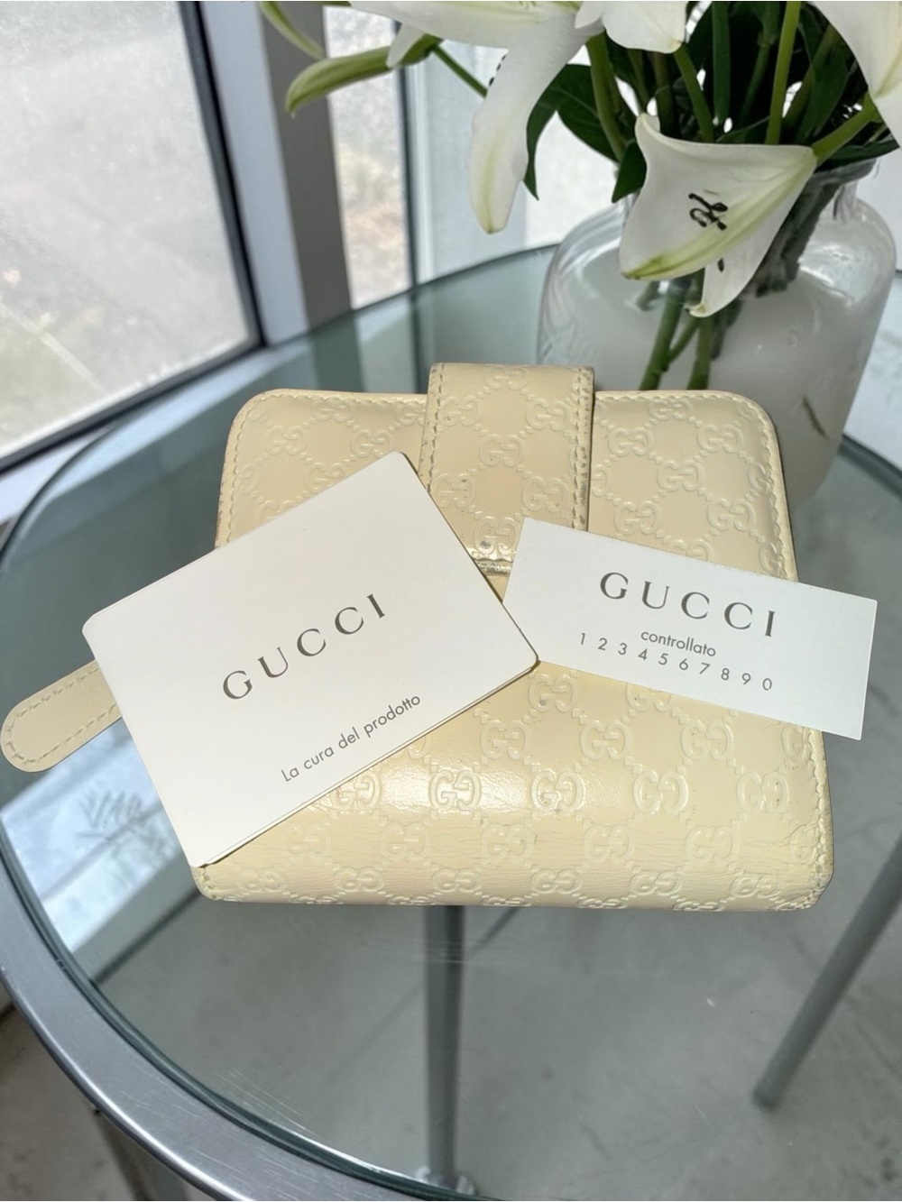 Gucci Cream Guccissima Leather GG-Embossed Wallet with Tab Closure & Care Cards